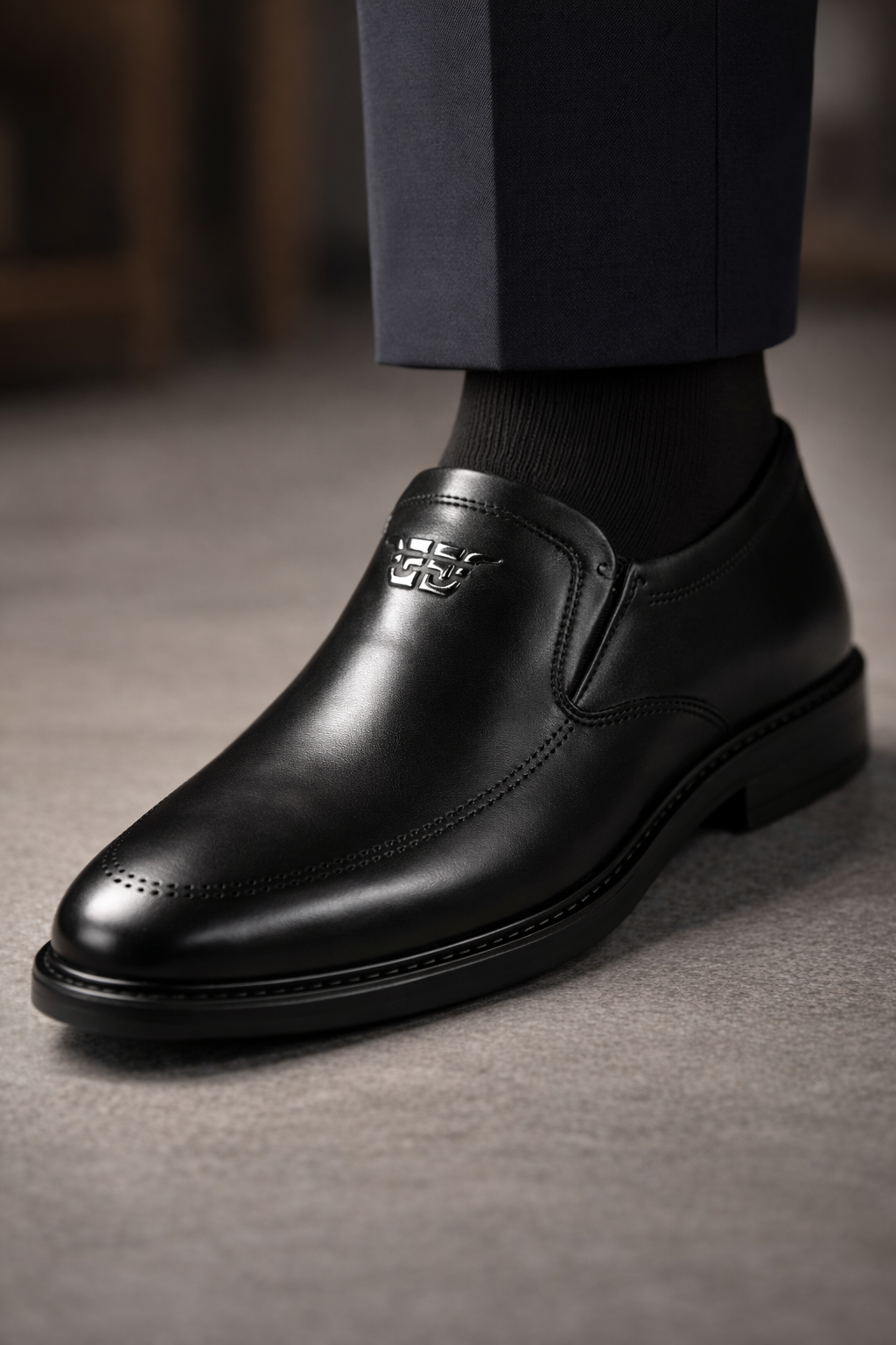 Men’s Semi-Formal Black Synthetic Leather Slip-On Shoes (CK-105)